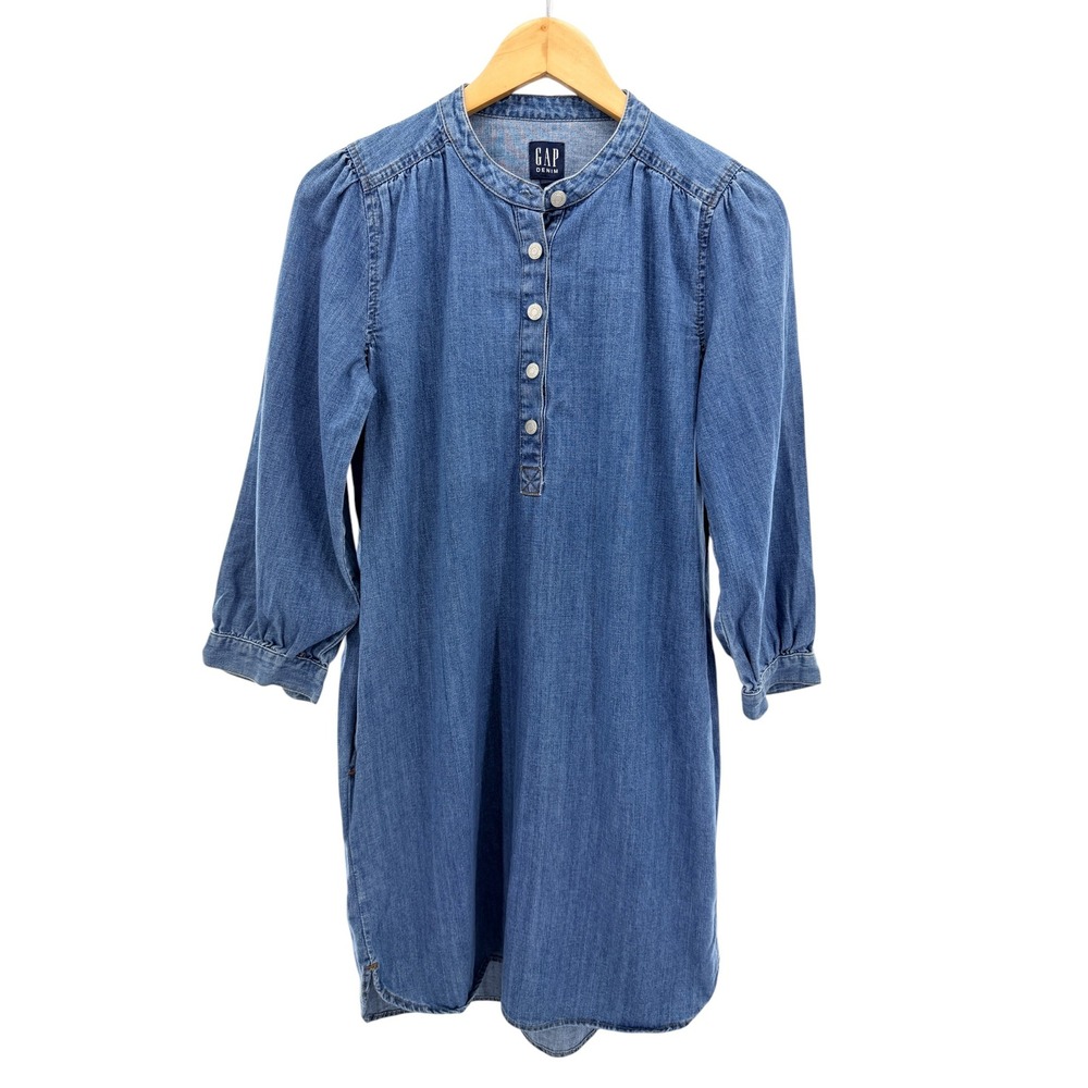 Gap Denim Blue Cotton Band Collar Button Front Shift Dress Womens Small Pockets